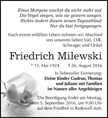 Traueranzeige von Friedrich Milewski von Mitteldeutsche Zeitung Halle/Saalkreis