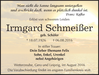 Traueranzeige von Irmgard Schmeißer von Mitteldeutsche Zeitung Zeitz