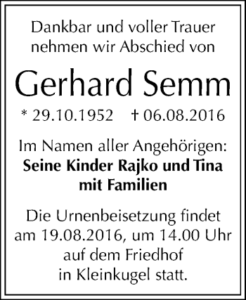 Traueranzeige von Gerhard Semm von Mitteldeutsche Zeitung Halle/Saalkreis