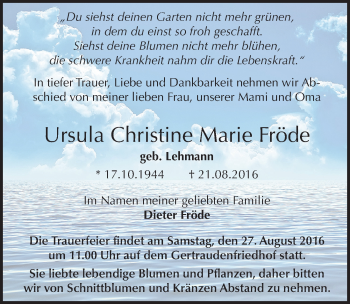 Traueranzeige von Ursula Christine Marie Fröde von Mitteldeutsche Zeitung Halle/Saalkreis