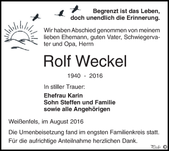 Traueranzeige von Rolf Weckel von WVG - Wochenspiegel NMB / WSF / ZTZ