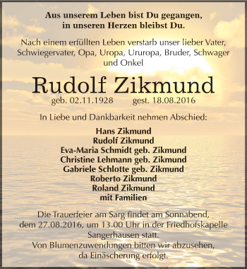 Traueranzeige von Rudolf Zikmund von Mitteldeutsche Zeitung Sangerhausen