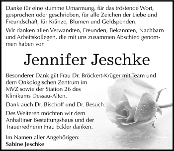 Traueranzeige von Jennifer Jeschke von Mitteldeutsche Zeitung Dessau-Roßlau