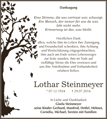 Traueranzeige von Lothar Steinmeyer von WVG - Wochenspiegel Dessau / Köthen