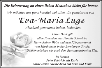 Traueranzeige von Eva-Maria Luge von WVG - Wochenspiegel Dessau / Köthen