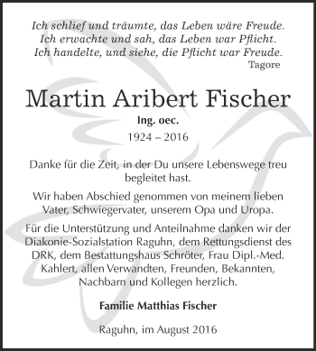 Traueranzeige von Martin Aribert Fischer von WVG - Wochenspiegel Bitterfeld