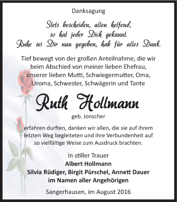 Traueranzeige von Ruth Hollmannn von Mitteldeutsche Zeitung Sangerhausen