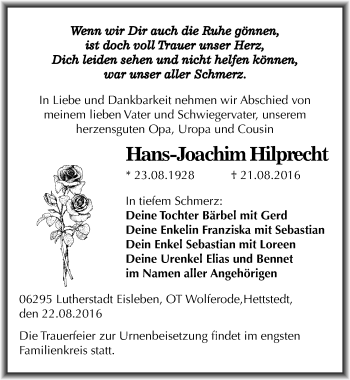 Traueranzeige von Hans-Joachim Hilprecht von Mitteldeutsche Zeitung Mansfelder Land