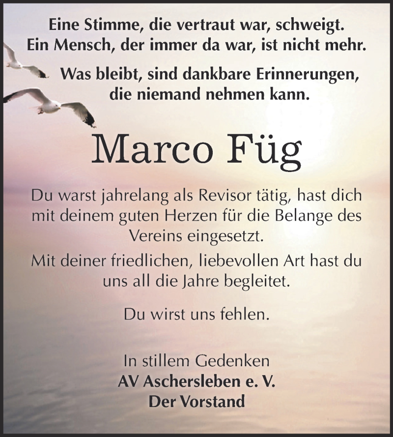  Traueranzeige für Marco Füg vom 13.08.2016 aus Super Sonntag Aschersleben