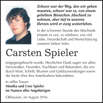 Traueranzeige von Carsten Spieler von WVG - Wochenspiegel Merseburg