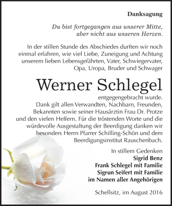 Traueranzeige von Werner Schlegel von Mitteldeutsche Zeitung Naumburg/Nebra