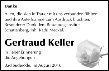 Traueranzeige von Gertraud Keller von Mitteldeutsche Zeitung Quedlinburg