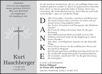 Traueranzeige von Kurt Haschberger von WVG - Wochenspiegel Merseburg