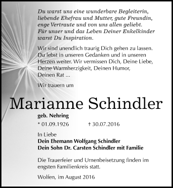 Traueranzeige von Marianne Schindler von Mitteldeutsche Zeitung Bitterfeld