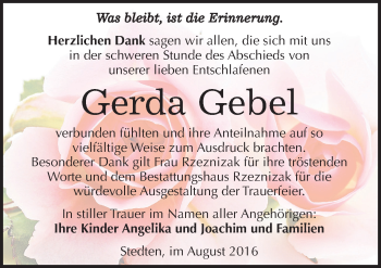 Traueranzeige von Gerda Gebel von Mitteldeutsche Zeitung Mansfelder Land