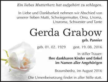 Traueranzeige von Gerda Grabow von Mitteldeutsche Zeitung Merseburg/Querfurt