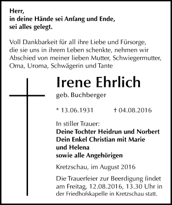 Traueranzeige von Irene Ehrlich von Mitteldeutsche Zeitung Zeitz