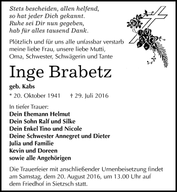 Traueranzeige von Inge Brabetz von Mitteldeutsche Zeitung Halle/Saalkreis