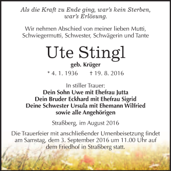 Traueranzeige von Ute Stingl von WVG - Wochenspiegel Quedlinburg