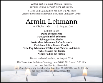Traueranzeige von Armin Lehmann von Super Sonntag Merseburg
