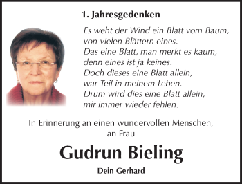 Traueranzeige von Gudrun Bieling von Mitteldeutsche Zeitung Naumburg/Nebra