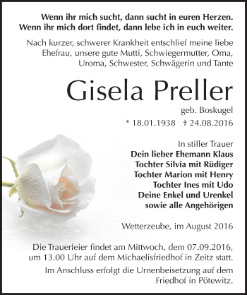 Traueranzeige von Gisela Preller von Mitteldeutsche Zeitung Zeitz
