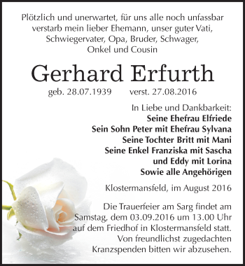 Traueranzeige von Gerhard Erfurth von Mitteldeutsche Zeitung Mansfelder Land
