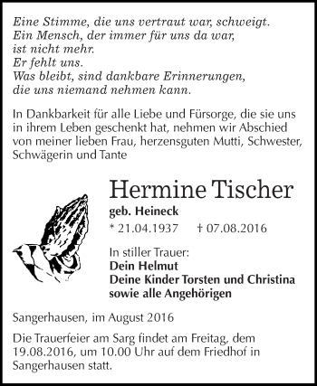 Traueranzeige von Hermine Tischer von Super Sonntag SGH Mansf. Land