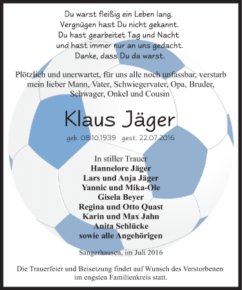 Traueranzeige von Klaus Jäger von Mitteldeutsche Zeitung Sangerhausen