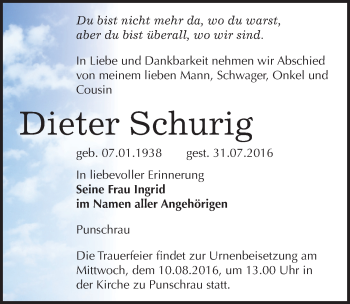 Traueranzeige von Dieter Schurig von Mitteldeutsche Zeitung Naumburg/Nebra