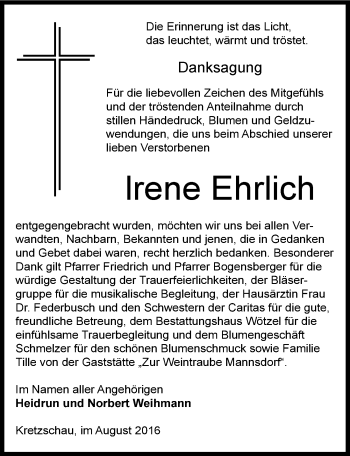 Traueranzeige von lrene Ehrlich von Mitteldeutsche Zeitung Zeitz