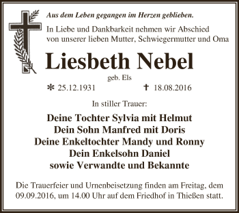 Traueranzeige von Liesbeth Nebel von WVG - Wochenspiegel Dessau / Köthen