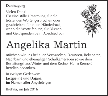 Traueranzeige von Angelika Martin von WVG - Wochenspiegel Bitterfeld