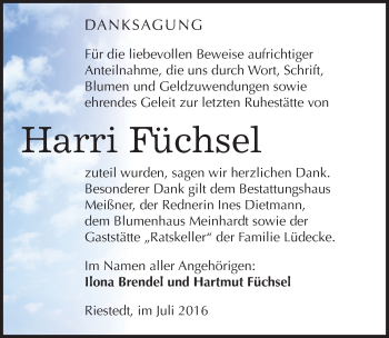 Traueranzeige von Harri Füchsel von Mitteldeutsche Zeitung Sangerhausen