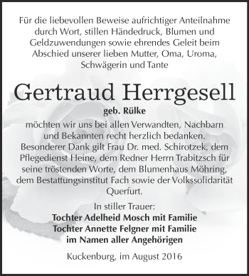 Traueranzeige von Gertraud Herrgesell von WVG - Wochenspiegel Merseburg