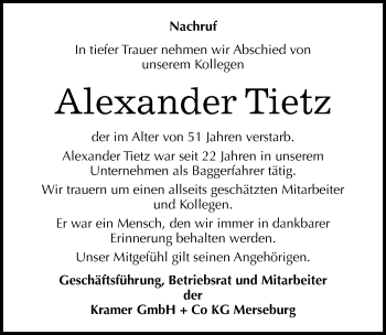 Traueranzeige von Alexander Tietz von Mitteldeutsche Zeitung