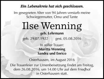 Traueranzeige von Ilse Wenning von Mitteldeutsche Zeitung Mansfelder Land