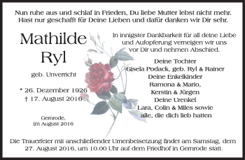 Traueranzeige von Mathilde Ryl von WVG - Wochenspiegel Quedlinburg