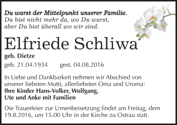 Traueranzeige von Elfriede Schliwa von Mitteldeutsche Zeitung Halle/Saalkreis