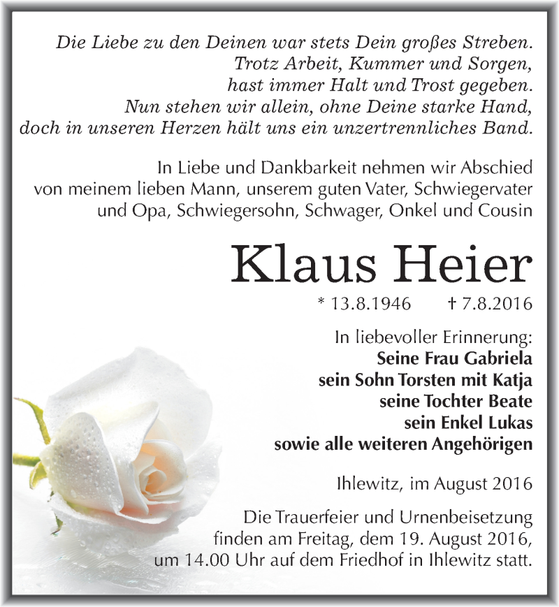  Traueranzeige für Klaus Heier vom 12.08.2016 aus Mitteldeutsche Zeitung Mansfelder Land