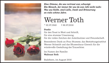 Traueranzeige von Werner Toth von WVG - Wochenspiegel Quedlinburg