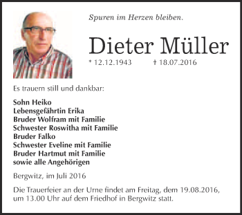 Traueranzeige von Dieter Müller von WVG - Wochenspiegel Wittenberg