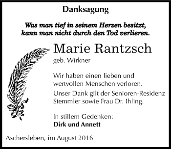 Traueranzeige von Marie Rantzsch von Mitteldeutsche Zeitung Aschersleben