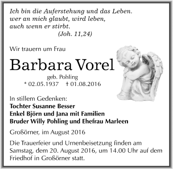 Traueranzeige von Barbara Vorel von Mitteldeutsche Zeitung Mansfelder Land