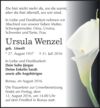 Traueranzeige von Ursula Wenzel von Mitteldeutsche Zeitung Weißenfels
