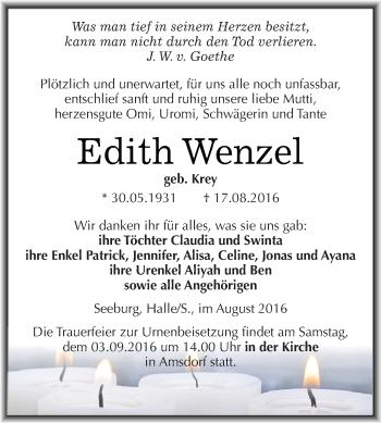 Traueranzeige von Edith Wenzel von Wochenspiegel Mansfelder Land