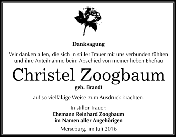 Traueranzeige von Christel Zoogbaum von WVG - Wochenspiegel Merseburg
