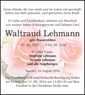 Traueranzeige von Waltraud Lehmann von WVG - Wochenspiegel Wittenberg