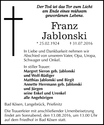 Traueranzeige von Franz Jablonski von Mitteldeutsche Zeitung Naumburg/Nebra
