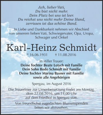 Traueranzeige von Karl-Heinz Schmidt von Super Sonntag Merseburg